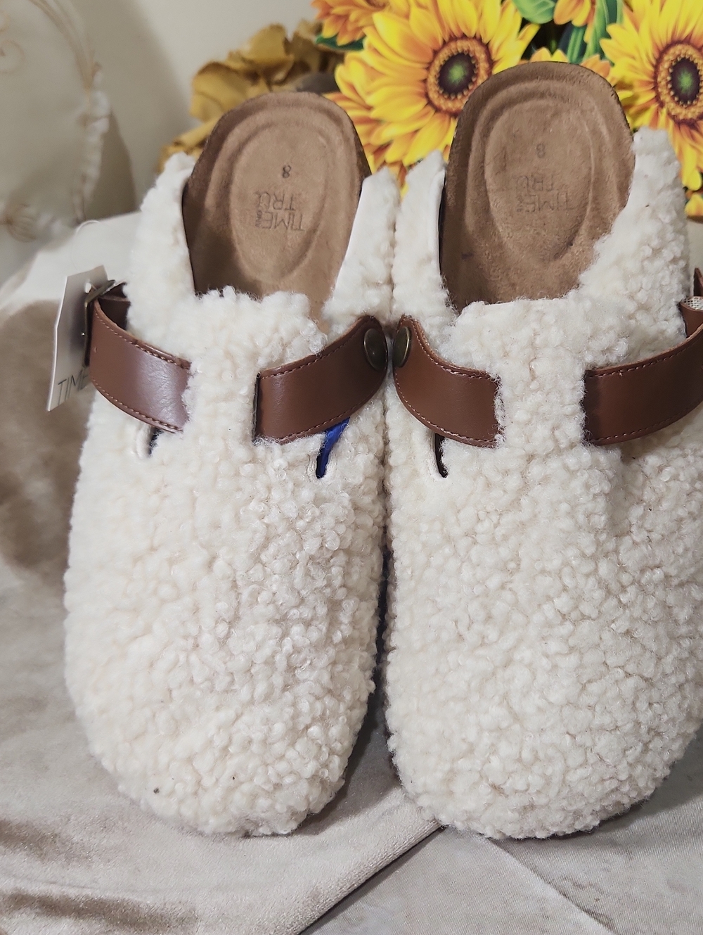 Time and Tru Cream Sherpa Mules with Brown Strap